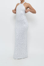 Load image into Gallery viewer, AQUA FORMAL x White, Silver Sequin Halter Maxi Dress (S)