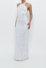 Load image into Gallery viewer, AQUA FORMAL x White, Silver Sequin Halter Maxi Dress (S)