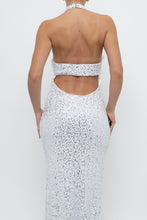 Load image into Gallery viewer, AQUA FORMAL x White, Silver Sequin Halter Maxi Dress (S)