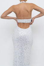 Load image into Gallery viewer, AQUA FORMAL x White, Silver Sequin Halter Maxi Dress (S)