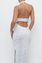 Load image into Gallery viewer, AQUA FORMAL x White, Silver Sequin Halter Maxi Dress (S)