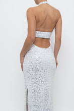 Load image into Gallery viewer, AQUA FORMAL x White, Silver Sequin Halter Maxi Dress (S)