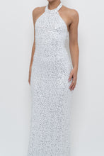 Load image into Gallery viewer, AQUA FORMAL x White, Silver Sequin Halter Maxi Dress (S)