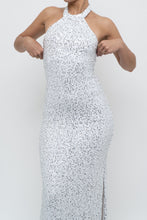 Load image into Gallery viewer, AQUA FORMAL x White, Silver Sequin Halter Maxi Dress (S)