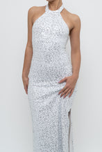 Load image into Gallery viewer, AQUA FORMAL x White, Silver Sequin Halter Maxi Dress (S)