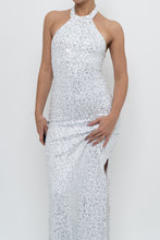 Load image into Gallery viewer, AQUA FORMAL x White, Silver Sequin Halter Maxi Dress (S)