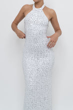 Load image into Gallery viewer, AQUA FORMAL x White, Silver Sequin Halter Maxi Dress (S)
