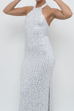 Load image into Gallery viewer, AQUA FORMAL x White, Silver Sequin Halter Maxi Dress (S)