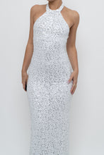 Load image into Gallery viewer, AQUA FORMAL x White, Silver Sequin Halter Maxi Dress (S)