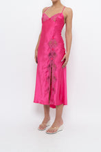 Load image into Gallery viewer, Vintage x Hot Pink Satin Lace Bow Midi Dress (S)