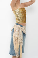 Load image into Gallery viewer, Vintage x Gold Sequin Mesh Fringe Scarf