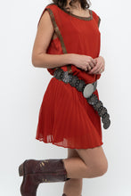 Load image into Gallery viewer, BEBE x Orange Studded Drop Waist Pleated Dress (M)