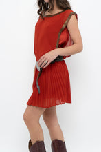 Load image into Gallery viewer, BEBE x Orange Studded Drop Waist Pleated Dress (M)