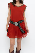 Load image into Gallery viewer, BEBE x Orange Studded Drop Waist Pleated Dress (M)