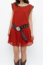 Load image into Gallery viewer, BEBE x Orange Studded Drop Waist Pleated Dress (M)