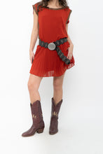Load image into Gallery viewer, BEBE x Orange Studded Drop Waist Pleated Dress (M)