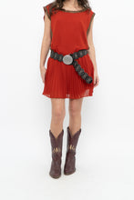 Load image into Gallery viewer, BEBE x Orange Studded Drop Waist Pleated Dress (M)