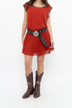 Load image into Gallery viewer, BEBE x Orange Studded Drop Waist Pleated Dress (M)