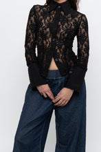Load image into Gallery viewer, Vintage x RW&amp;CO Black Floral Cinched Mesh Buttonup (XS, S)
