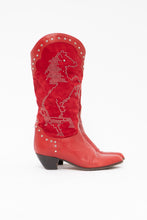 Load image into Gallery viewer, Vintage x Made in Italy x Red Suede, Leather Studded Horse Cowboy Boots (6.5, 7)