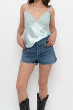 Load image into Gallery viewer, Vintage x LA VIE EN ROSE Light Teal Satin, Lace Tank (M)