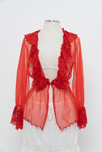 Load image into Gallery viewer, Vintage x Made in Mexico x Red Lace Mesh Long Sleeve Lingerie Top (S, M)