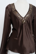 Load image into Gallery viewer, Vintage x Brown Long Sleeve Beaded Silk Blouse (S, M)