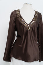 Load image into Gallery viewer, Vintage x Brown Long Sleeve Beaded Silk Blouse (S, M)
