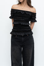 Load image into Gallery viewer, Vintage x Made in Canada x JOSEPH RIBKOFF Black Lace, Sequin Off-Shoulder Top (S-L)