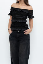 Load image into Gallery viewer, Vintage x Made in Canada x JOSEPH RIBKOFF Black Lace, Sequin Off-Shoulder Top (S-L)