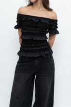 Load image into Gallery viewer, Vintage x Made in Canada x JOSEPH RIBKOFF Black Lace, Sequin Off-Shoulder Top (S-L)
