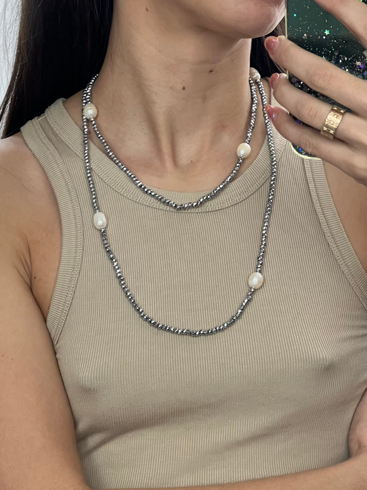 Vintage x Pearl, Grey Beaded Double Necklace