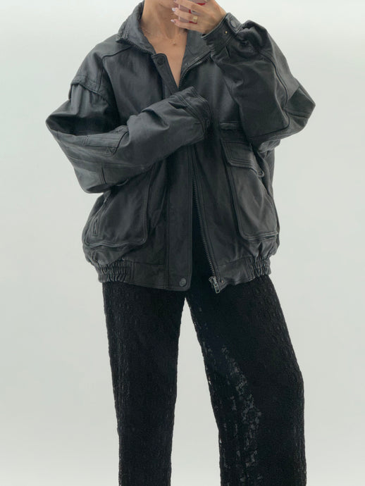 Vintage x Black Leather Bomber Jacket (M, L)