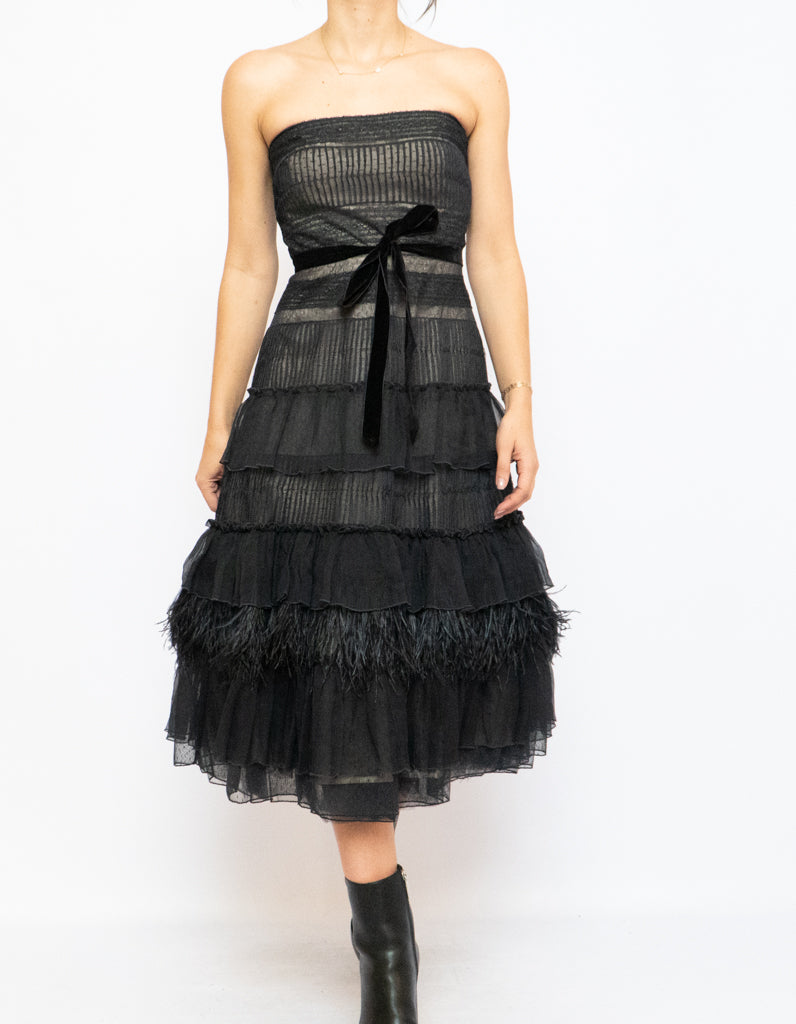 Vintage BCBG Black Sheer Feathered Dress (S)