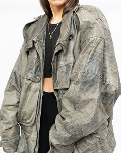 Vintage x Made in Canada x Grey Faded Leather Biker Jacket (M, L)